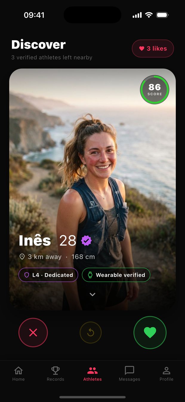 Gritvit match deck showing Inês, 28, with a verified Fitness Score of 86