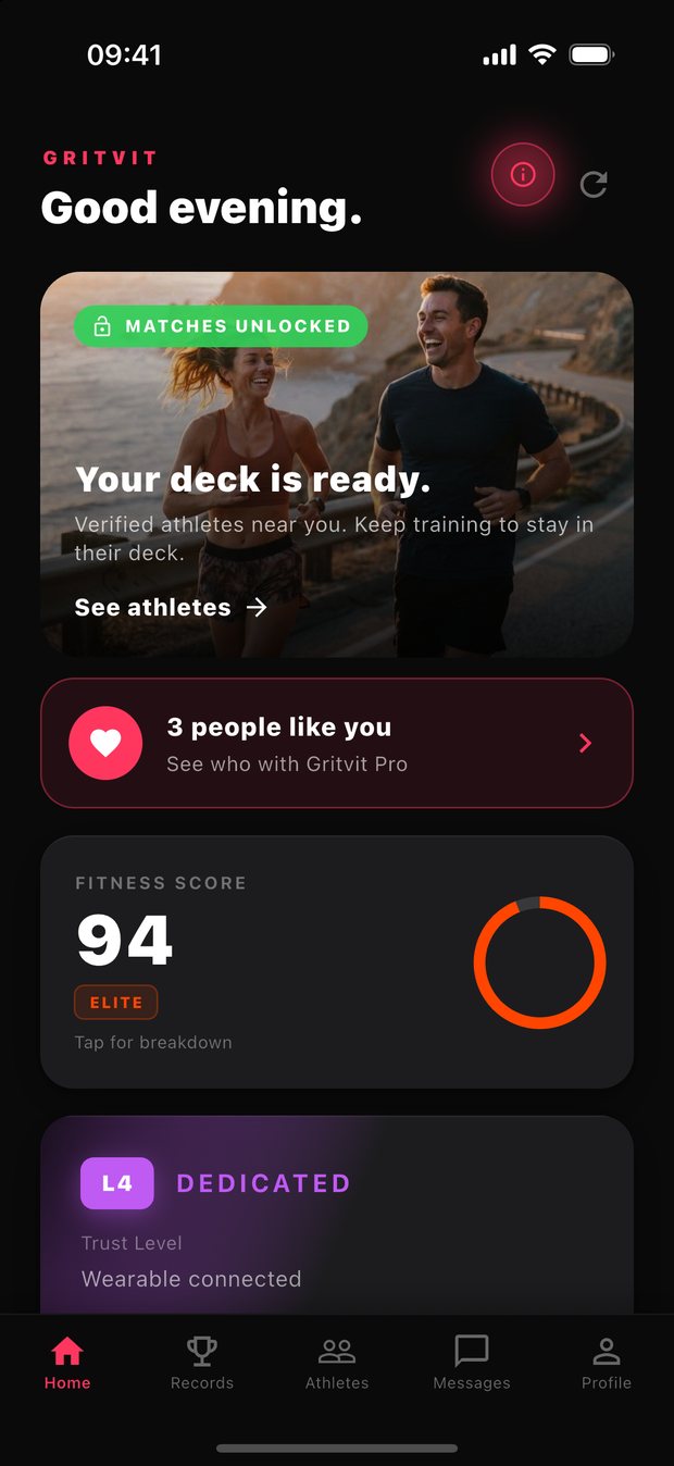 Gritvit home screen: Matches unlocked, your deck is ready, Fitness Score 94