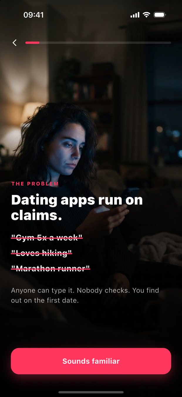 Gritvit onboarding screen: Dating apps run on claims