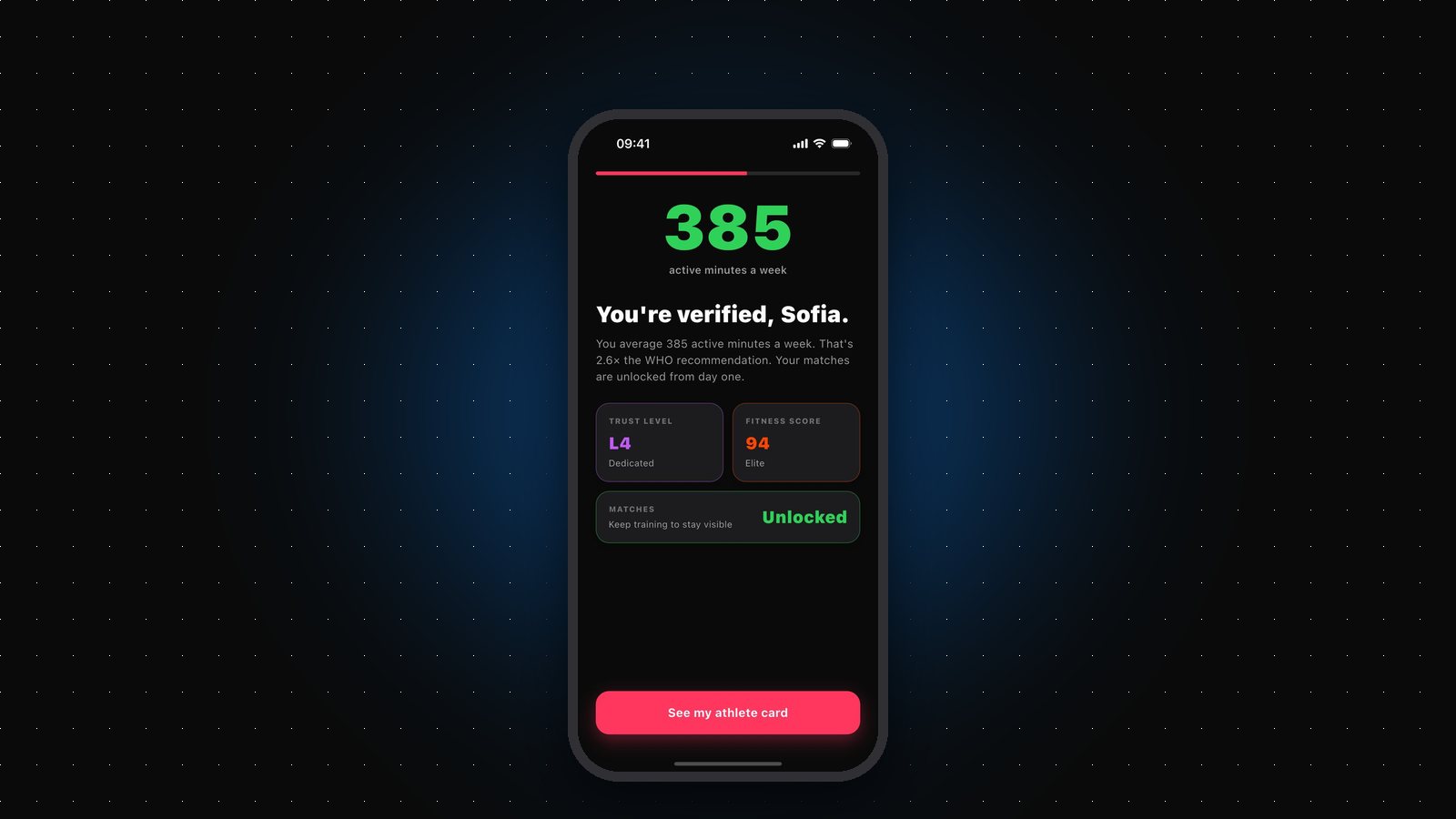 Gritvit reading Apple Health data: 385 active minutes a week, verified