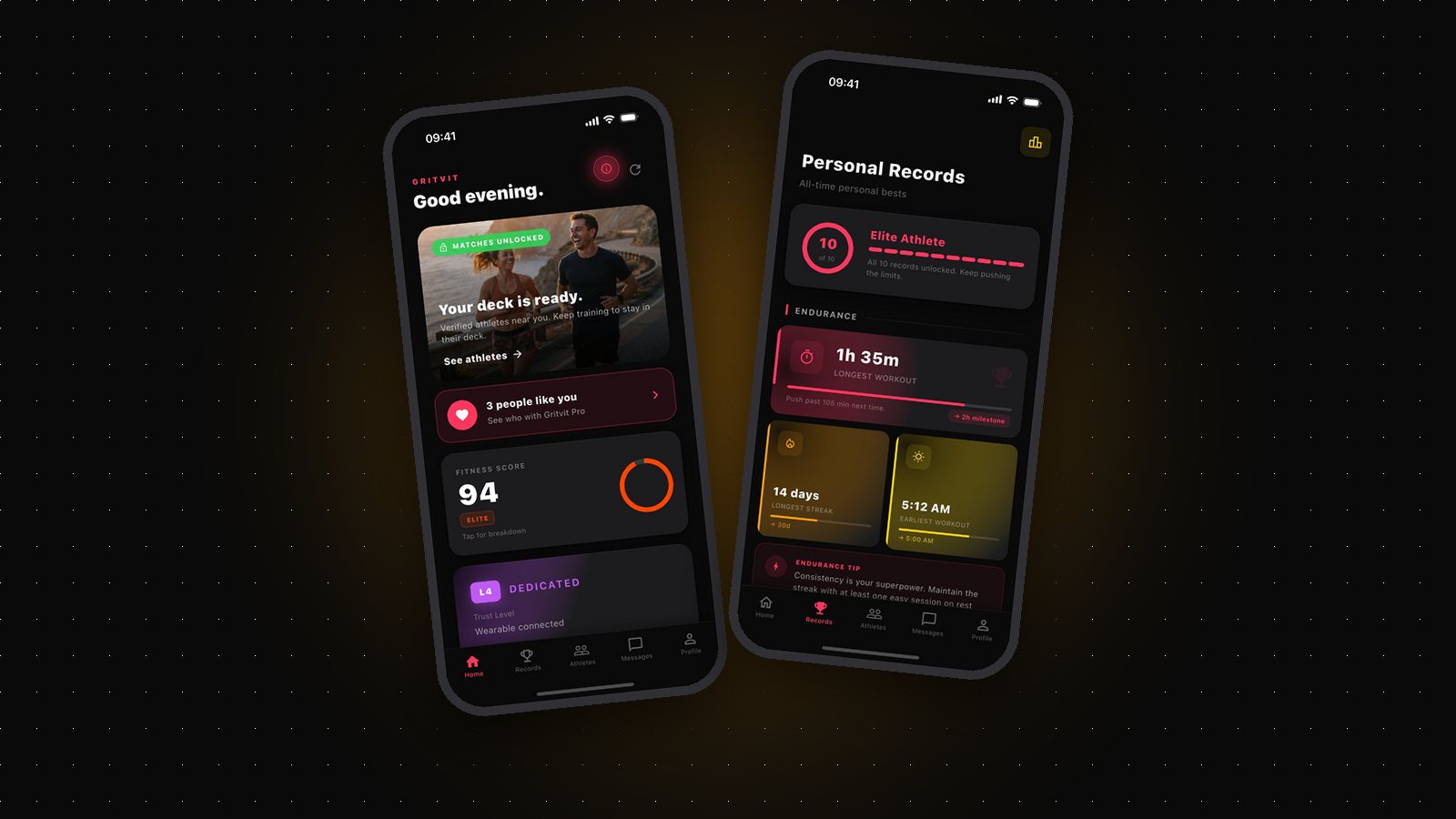 Gritvit home screen with Fitness Score 94 next to personal records