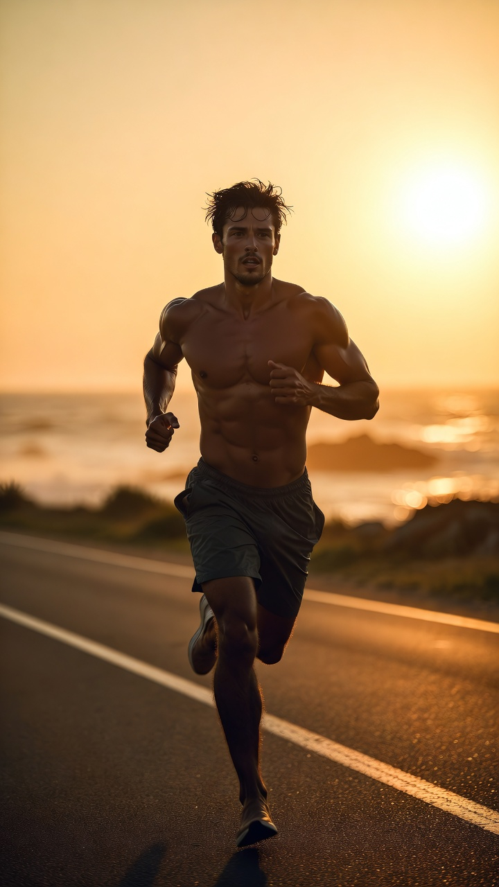 Man running outdoors at sunset